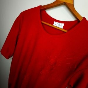 Vintage Red Tunic Top Embroidered with Roses